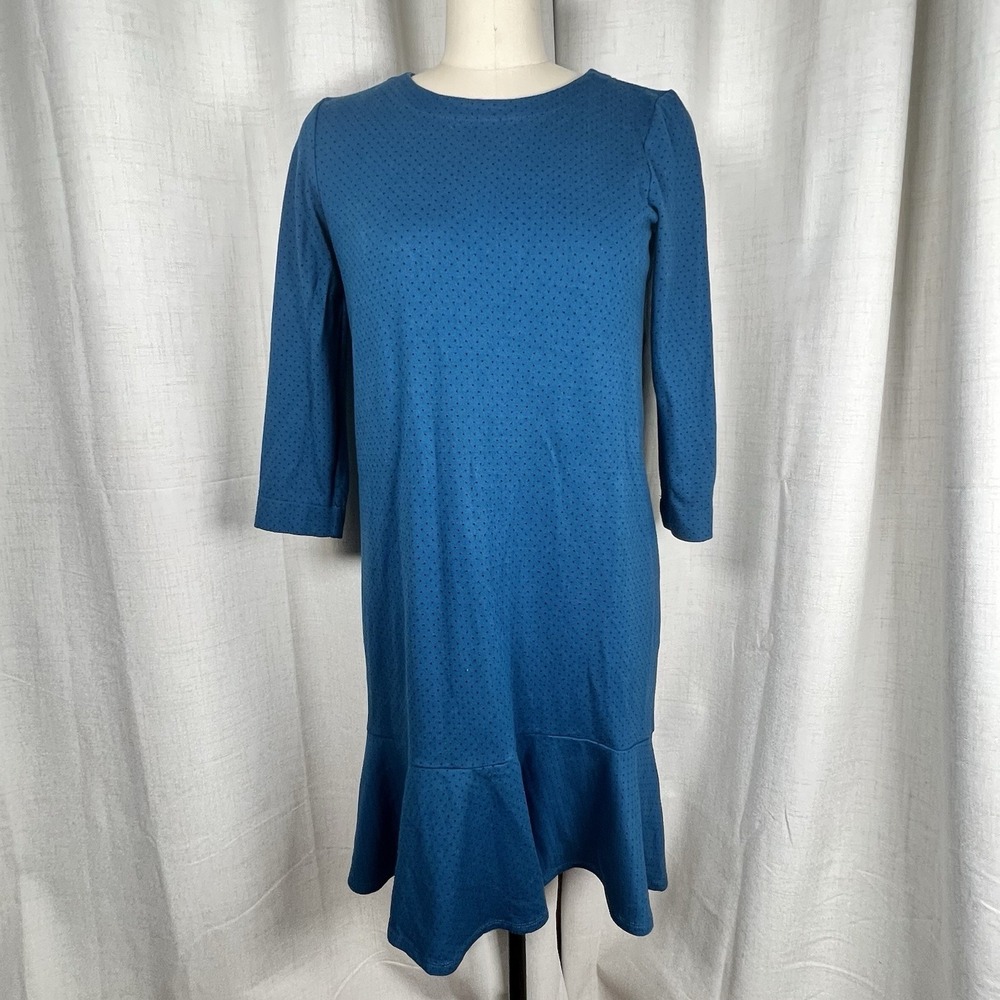 J Jill Ponte Flounce Hem Dress Teal Blue Ruffle Sleeve Micro Polka Dot Sz Small